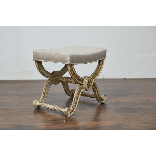 French Empire Style Curule Stool with Gilded Accents and Linen Upholstery For Sale - Image 10 of 12