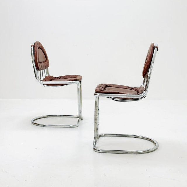 Vintage Chrome and Leather Cantilever Dining Chairs, 1970s ,Italy 1 of 4 Midcentury chrome wire and cantilevered dining...