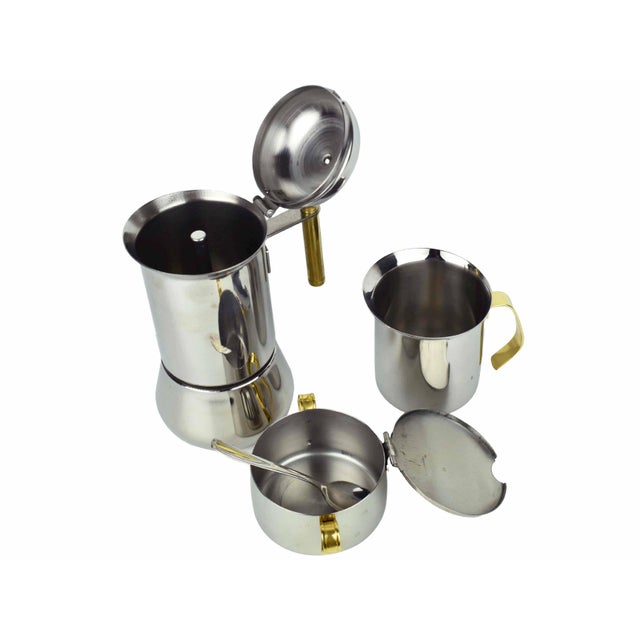 Mid 20th Century Italian Stainless Steel and Gold Espresso Demitasse Cups & Saucers With Moka Pot Serving Set by Inox- 15 Pieces For Sale - Image 4 of 11