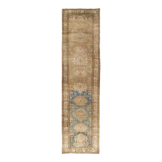 Antique Malayer Runner, Handmade Oriental Rug, Ivory, Taupe, Gold, Light Blue For Sale