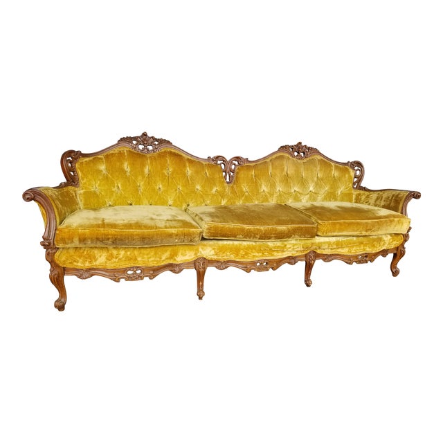 Vintage Hollywood Regency Gold Velvet Sofa Antique French Provincial
