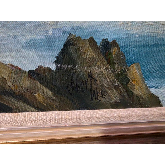 Sky Blue 1950s Robert Wee Signed Large Seascape Oil Painting 41x27 “ For Sale - Image 8 of 9
