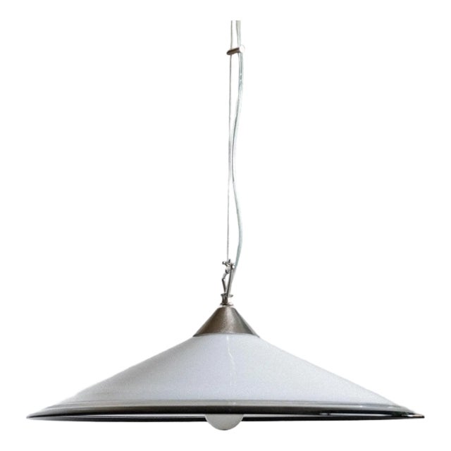 Large Vintage Ceiling Light in White Murano Glass with Black Rim and Stainless Steel, Italy, 1970s For Sale