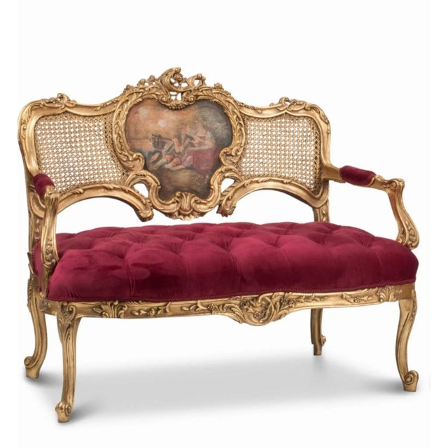 Rococo French Louis XV Style Carved Painted Giltwood Settees - a Pair For Sale - Image 3 of 8