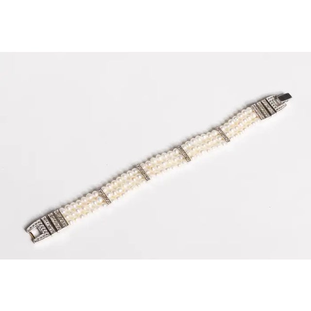 1990s Contemporary Pearl and Diamond Beaded Bracelet, Sterling Silver Clasp For Sale - Image 4 of 7