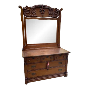 Antique German Mirrored Dresser With Carved Details