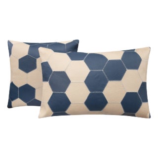Navy Blue & Cream Cowhide Leather Pillows - Hexagonal Patchwork- Set of 2 For Sale