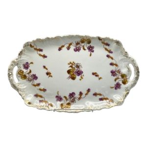 Ak CD Limoges Hand Painted Porcelain Rectangular 13.5” Antique Tray/Platter With Handles (Klingenberg/Dwenger France 1900s)