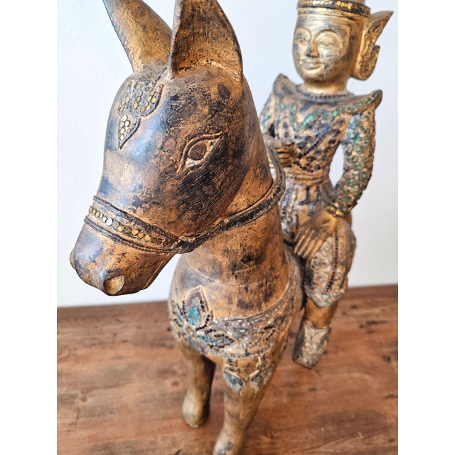 Large Antique Southeast Asian Burmese Thai Jeweled Carved Giltwood Figure on Horse Statue For Sale - Image 4 of 12