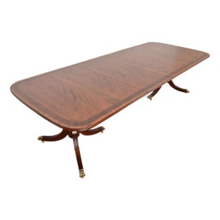 Baker Furniture Style Georgian Banded Flame Mahogany Double Pedestal Extension Dining Table, Newly Refinished For Sale