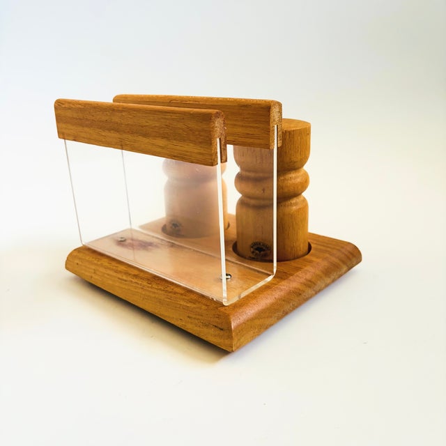Vintage Wood Salt and Pepper Shaker Set With Lucite Napkin Holder by Baker, Hart & Stuart For Sale - Image 4 of 13