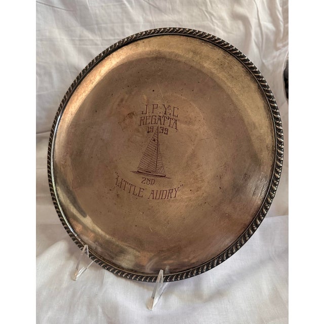 Shabby Chic 1939 Sailing Regatta 2nd Place Trophy Platter Sail Boat Silver Plated Avon Wm Rogers For Sale - Image 3 of 6