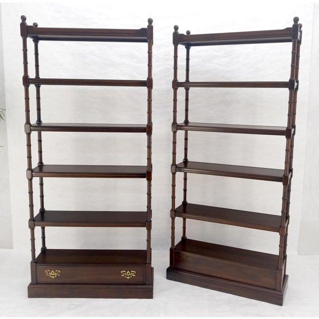 Traditional Pair of 6 Tier Faux Bamboo Bottom Drawer Cherry Bookcases Round Ball Finials For Sale - Image 3 of 14