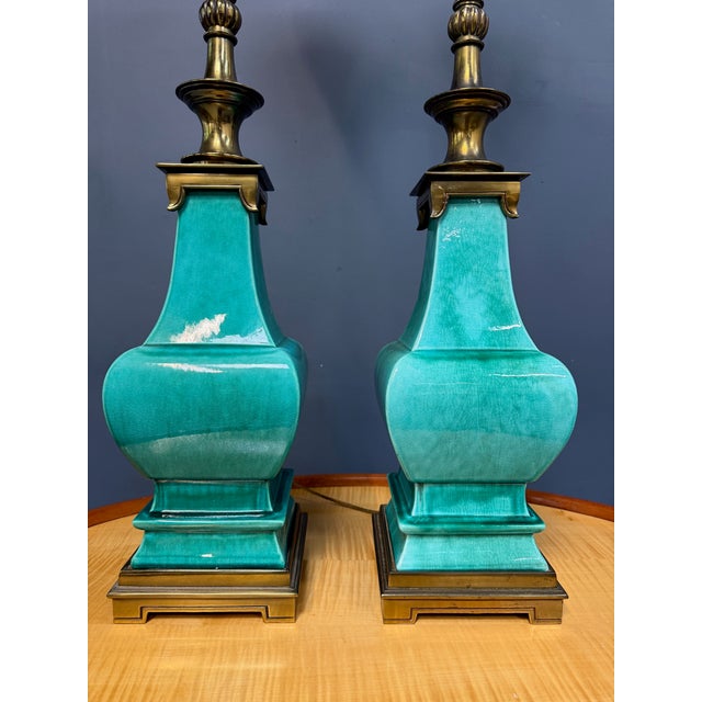1950s 1950s Pair of Ceramic and Brass Table Lamps by Edwin Cole for Stiffel Mid Century For Sale - Image 5 of 17