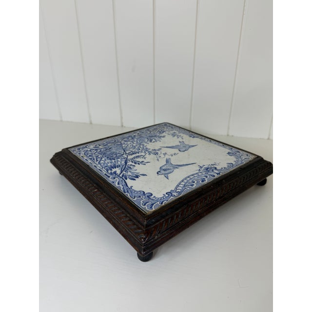 Vintage French Blue & White Faience Tile Trivet in Carved Wood Frame For Sale - Image 4 of 12