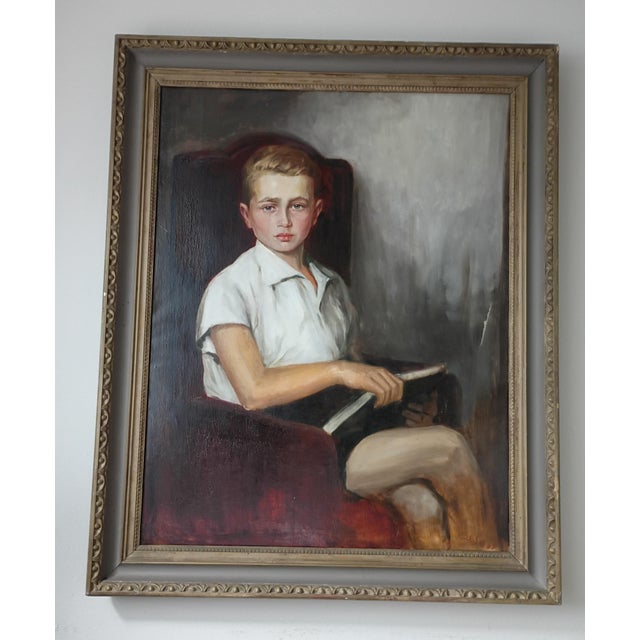 This striking mid-20th-century original oil painting features an academic-style portrait of a blonde young boy or youth....