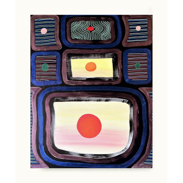 Contemporary geometric colorful abstract painting by Texas-based artist Max Manning. The work features organic and...