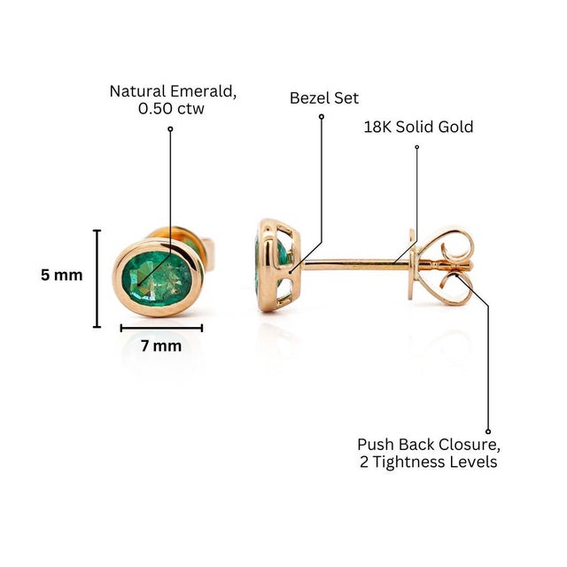 2020s 0.50 Carat Oval Emerald Bezel Set 18k Gold Stud Earrings, A Pair For Sale - Image 5 of 7