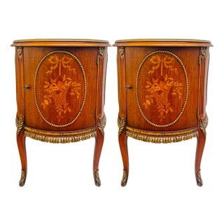 Mid 20th Century Louis XVI Style Round Gueridon Commode Tables With Carrara Marble & Floral Marquetry - A Pair For Sale