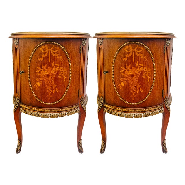 Mid 20th Century Louis XVI Style Round Gueridon Commode Tables With Carrara Marble & Floral Marquetry - A Pair For Sale