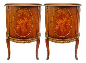 Mid 20th Century Louis XVI Style Round Gueridon Commode Tables With Carrara Marble & Floral Marquetry - A Pair
