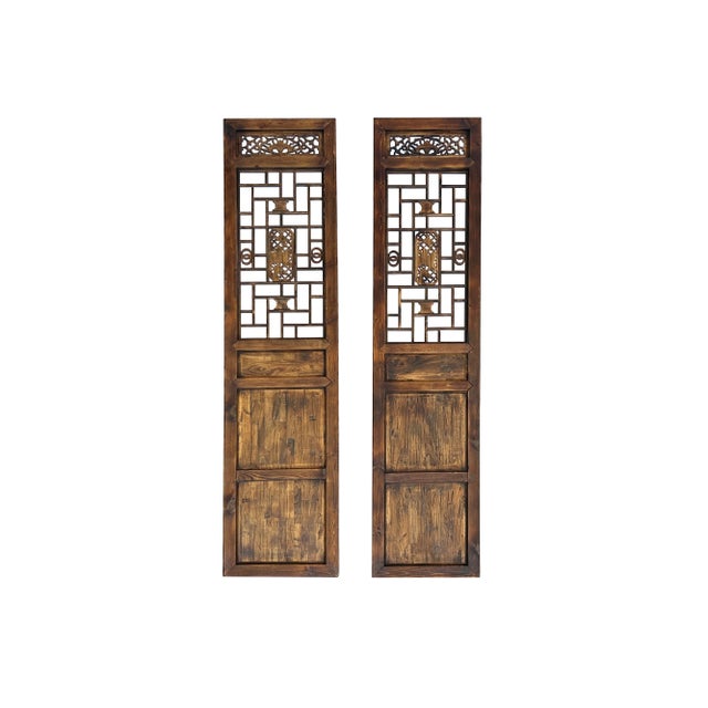 Chinese Pair Vintage Tall Flower Bird Geometric Pattern Raw Wood Door Panels For Sale - Image 3 of 6