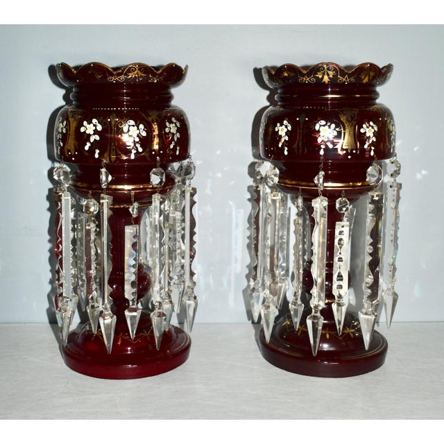 Antique Victorian Bohemian Pair of Cranberry/Ruby Glass Mantel Lusters For Sale - Image 4 of 12