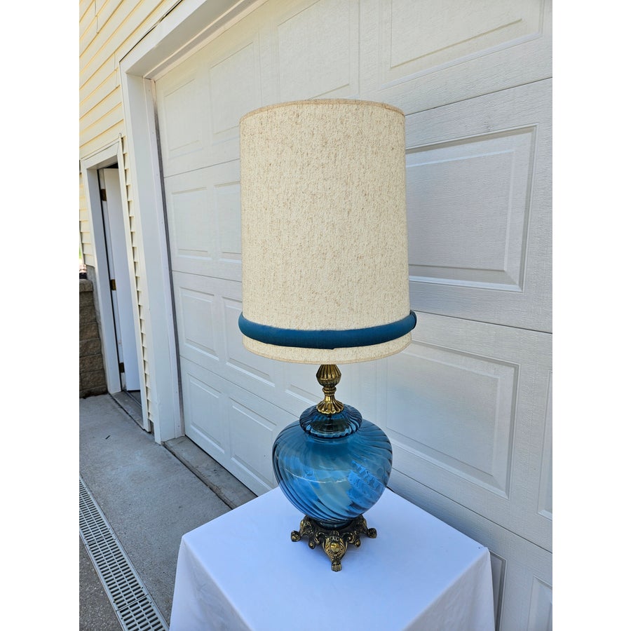 Mid Century Modern Blue Glass Oversized Table Lamp | Chairish