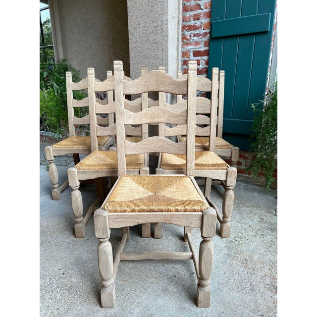 Set 6 Vintage French Ladder Back Dining Chairs Rush Seat Bleached Oak Farmhouse For Sale - Image 13 of 18