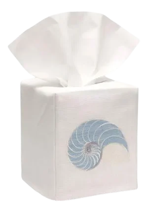 Duck Egg Blue Striped Nautilus Tissue Box Cover in White Linen & Cotton, Embroidered