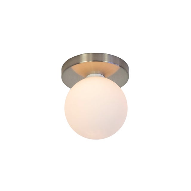Globe Flush Mount Brushed Nickel, 5 Inch Glass Globe, by Research.Lighting, Modern, Minimal For Sale In New York - Image 6 of 7