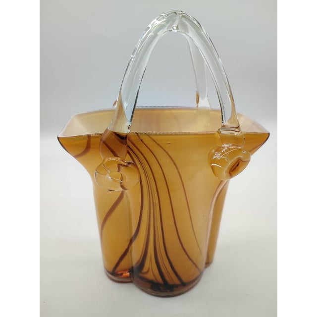 Large Mid-Century Modern Sommerso Art Glass Basket Vase in Amber and Brown, 1970s For Sale - Image 4 of 12