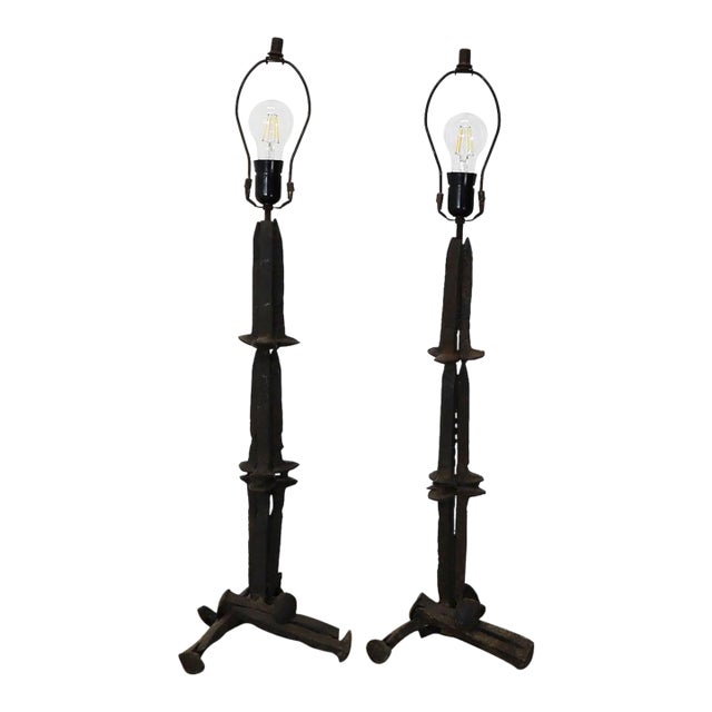 Brutalist Table Lamps made in Iron - A Pair For Sale