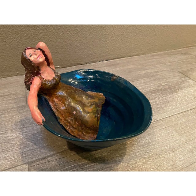 2010s Blue Pottery Bowl With Reclining Girl in a Dress For Sale - Image 5 of 5