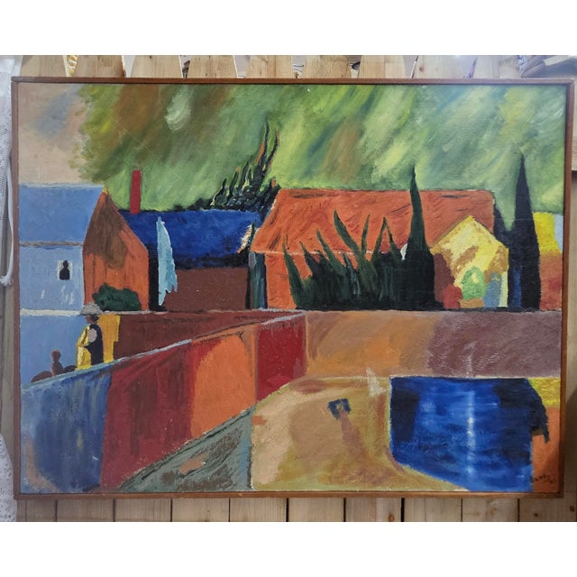 1967 Mid-Century Modern German Expressionist Village Scene Oil Painting by Gus Bundy For Sale In New York - Image 6 of 6
