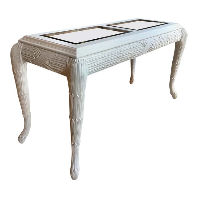 Serge Roche Style Plaster White Palm Carved Console Table For Sale