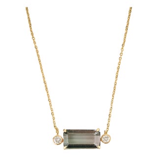 East-West Green Tourmaline & Diamond Pendant Necklace, 3.26ct in 14k Yellow Gold For Sale