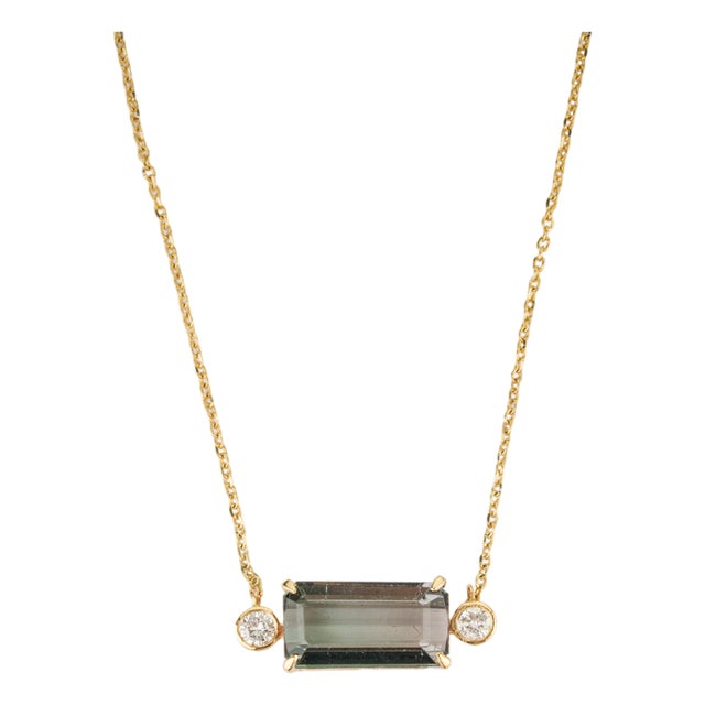East-West Green Tourmaline & Diamond Pendant Necklace, 3.26ct in 14k Yellow Gold For Sale
