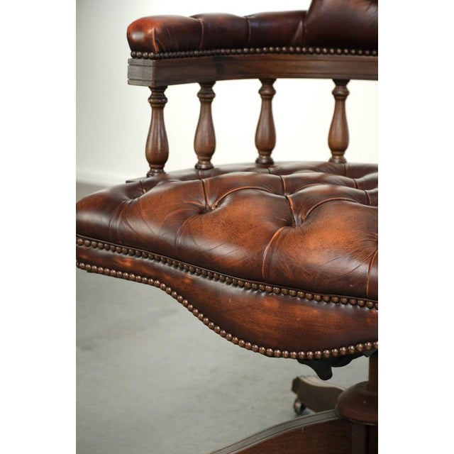 English Cowhide Chesterfield Swivel and Tilt Button Office Chair For Sale - Image 12 of 16