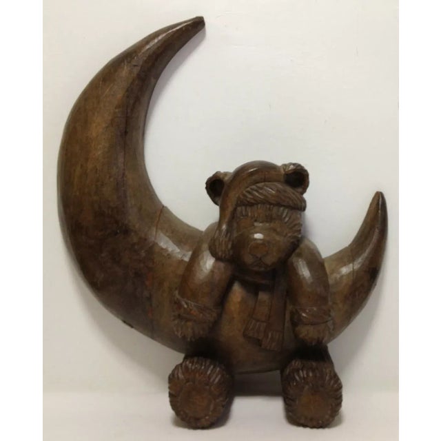 Santa Bear in Moon Hand Carved Wood For Sale - Image 9 of 9