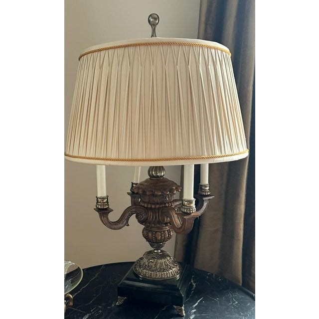 These lamps are one of a kind. They have a black granite base with a carved wood candelabra style design. The shade is...