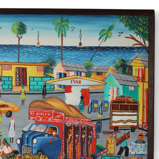 Jeanty J N Robert Vintage Haitian Painting on Board of a Village Scene For Sale - Image 4 of 8
