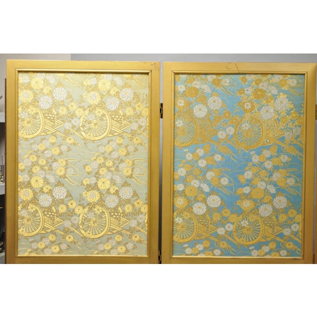Vintage Chinoiserie Lattice Fretwork 4 Panel Gold Folding Screen Room Divider For Sale - Image 17 of 18