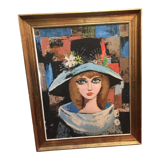 Mid 20th Century Expressionist Portrait Oil Painting of a Woman Wearing a Hat, Framed For Sale