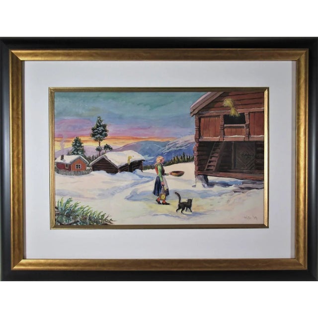 Paul Lilo Stenberg, Winter Landscape, with Woman and Cat, Circa 1940 For Sale - Image 4 of 4