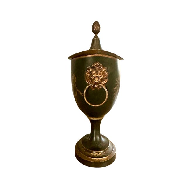 Antique French Tole Neoclassical Style Chestnut Urn in Deep Bottle Green / Black With Gilt Detailing For Sale - Image 4 of 9