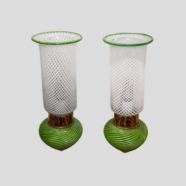 Murano Clear White and Green Glass on Brass Wall Lights, 1930s, Set of 2 For Sale - Image 5 of 12
