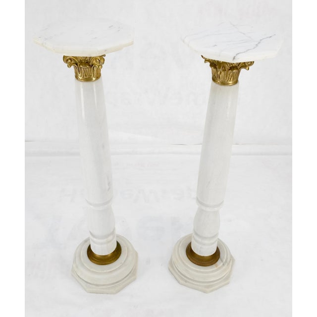 Metal Pair Brass & Turned White Marble Bases Octagonal Tops Columns Pedestals For Sale - Image 7 of 11