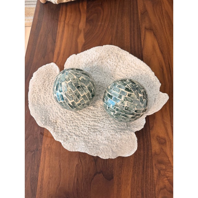 Contemporary Heavy Mosaic Glass Decorative Orbs Set of 2 Coastal 4” Spheres For Sale - Image 3 of 5