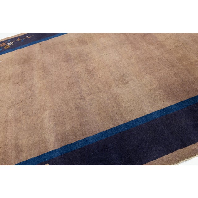 Antique Chinese Art Deco Rug Navy & Taupe Floral Wool 8x10 For Sale - Image 4 of 10